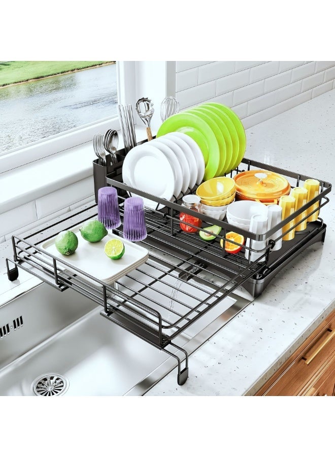 Bukela Dish Drying Rack - Extendable Dish Rack, Large Sink Drying Dish Drainer for Kitchen Counter, Stainless Steel Dish Strainer with Utensil Holder, Black (Upgraded version) - Image 1